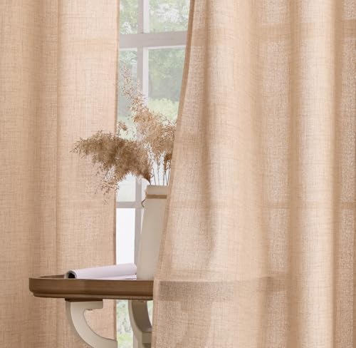 MIULEE Rideaux Voilages de Fenêtre Transparents pour Chambre - Décor Élégant Vintage en Lin Imitation 140x145 cm Beige-R