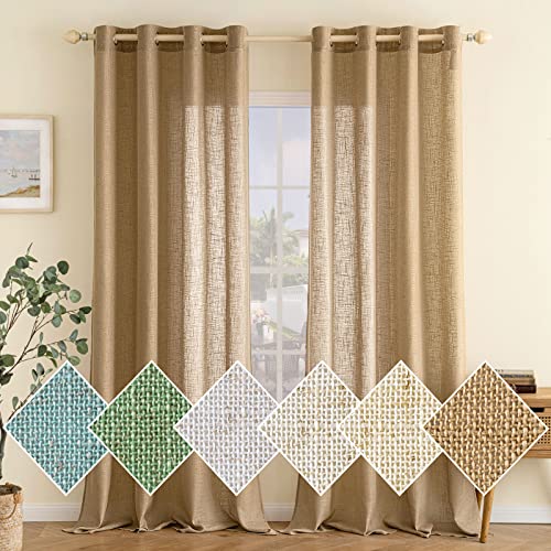 EMEMA Rideaux en Lin Transparents Oeillets Élégants pour Salon Bureau Vintage Décoratif 140x225 cm Marron 2 Panneaux