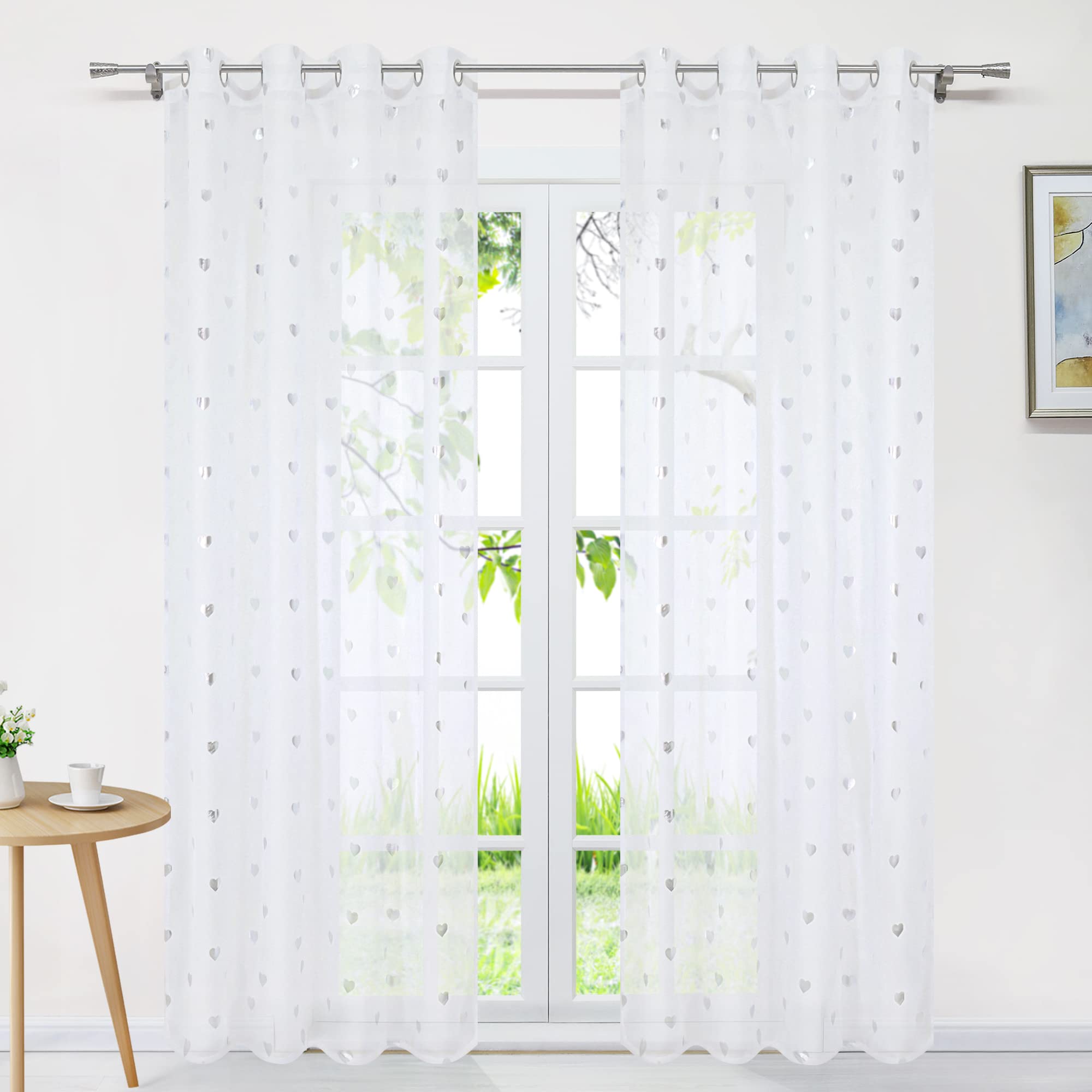 Voile Rideau moderne Delien 140 x 145 cm blanc, transparent pour fenêtre, motifs argentés, salon et magasins