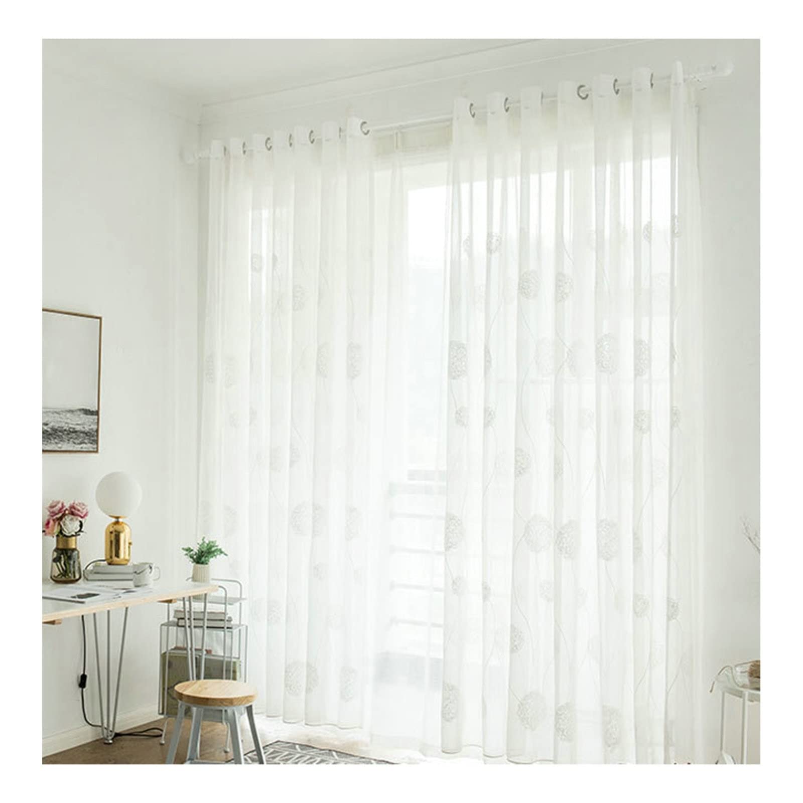 Grewod Voilages Blanc Brodé à Oeillets, Transparent, Salon, Qualité Coton Lin, Lot de 2, 96x138 CM