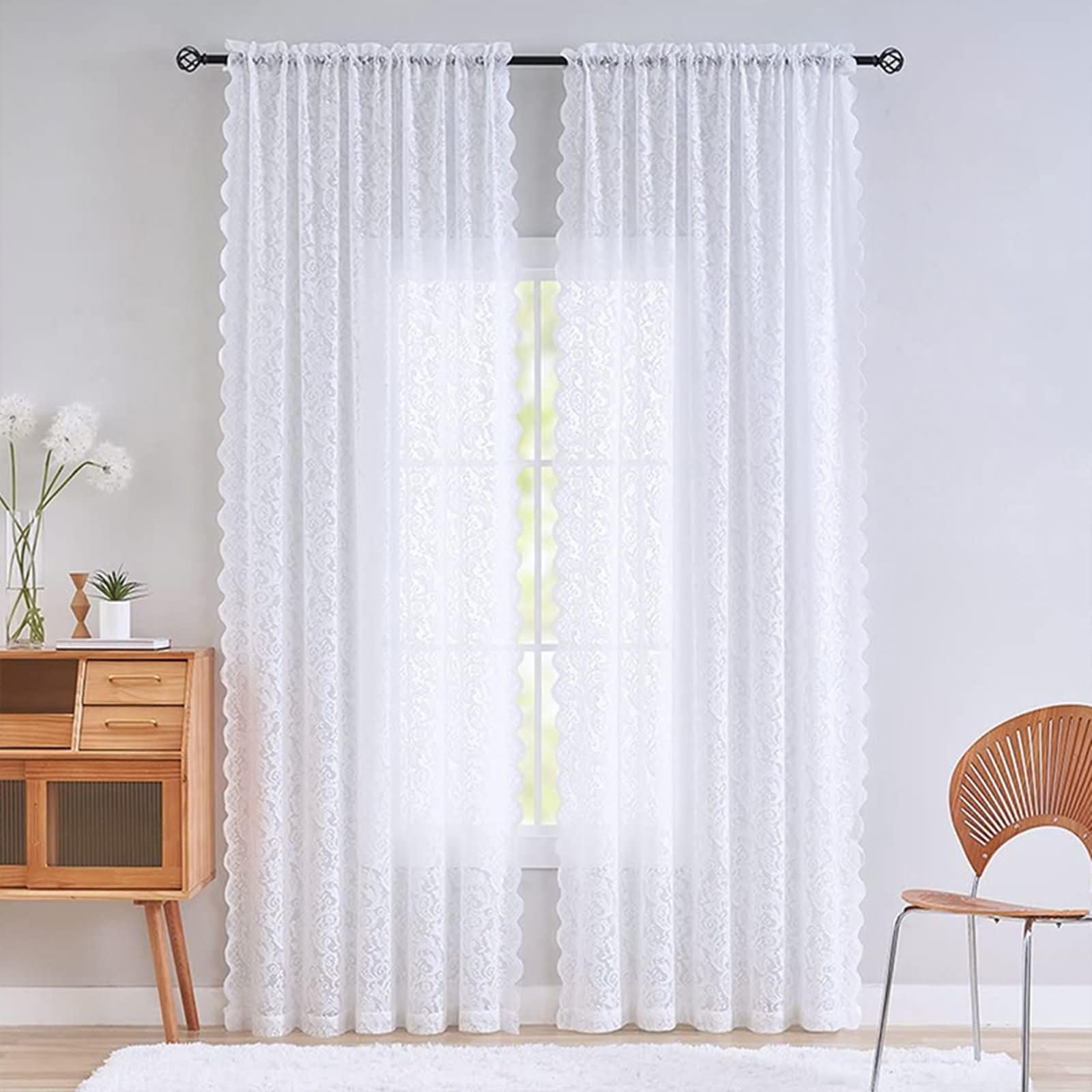 Homxi Rideau Salon Transparent Floral Moderne 2 x 140W x 100H Blanc Passe Rod Pocket