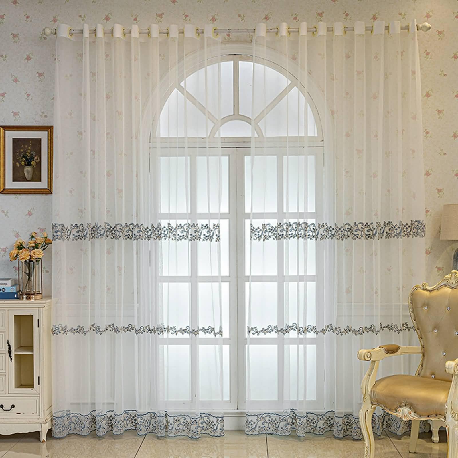 Homxi Rideau Salon Moderne Lot de 2 Rideaux Fenêtre Transparent Blanc Motif Brodé Oeillets Populaires