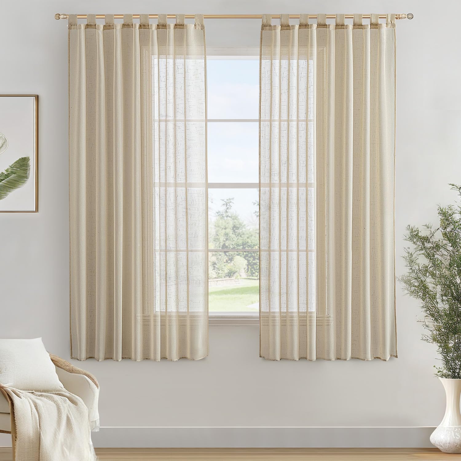 MIULEE Rideaux Voilages de Fenêtre Effet Lin Beige pour Chambre Salon 140x160CM