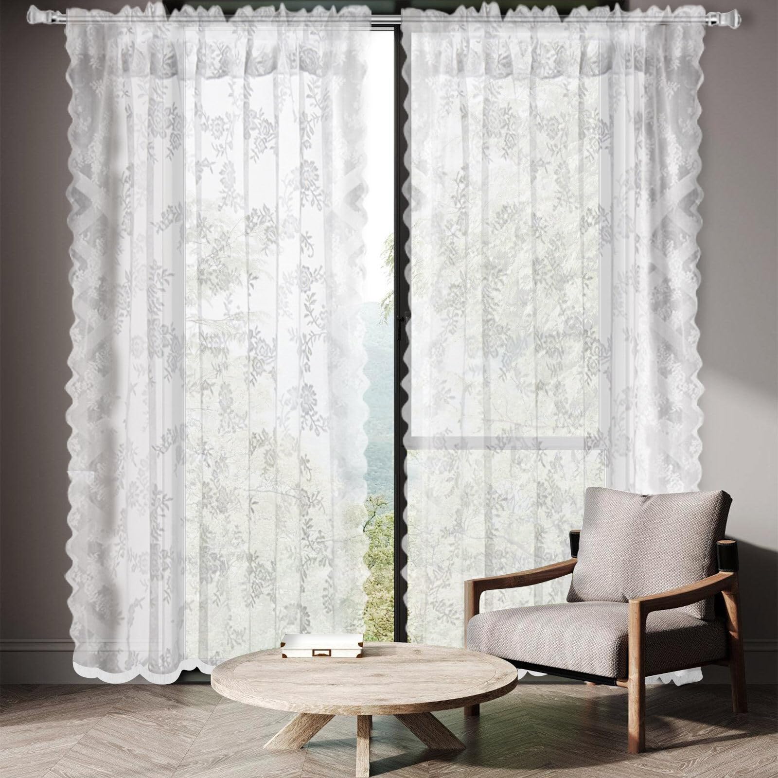 Rideaux blancs transparents en dentelle avec broderie florale - Rideaux décoratifs pour salon, terrasse et chambre à cou