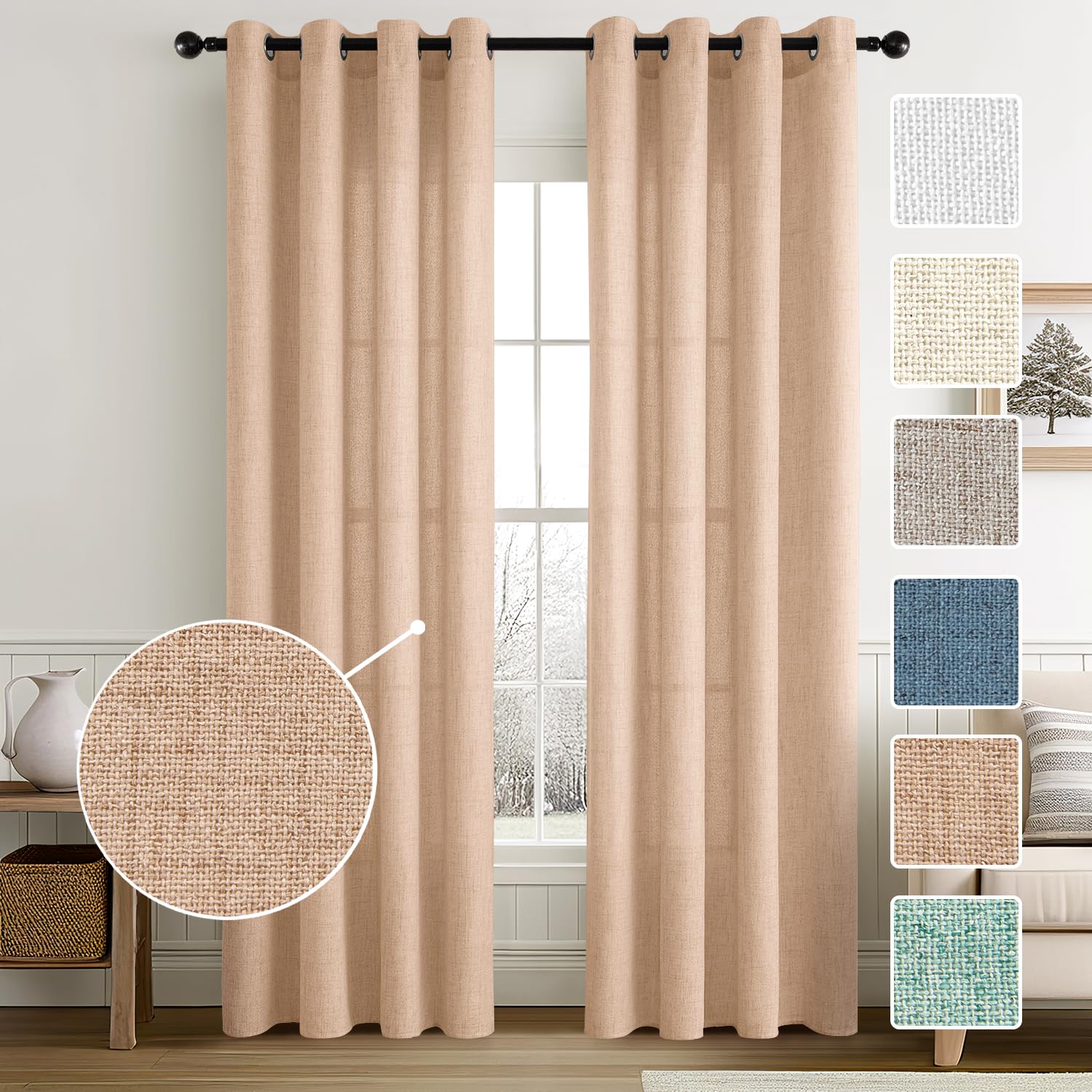 MIULEE Rideaux Voilages de Fenêtre Transparents pour Chambre - Décor Élégant Vintage en Lin Imitation 140x145 cm Beige-R